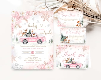 Editable Pink Winter Woodland Baby Shower Invitation Bundle, Girl Woodland Winter Baby Shower Invite Set, Pink Baby it's Cold Outside, 0529
