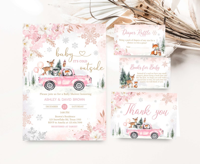 Bewerkbare roze winter bos baby shower uitnodiging bundel, meisje bos winter baby shower uitnodiging set, roze baby het is koud buiten, 0529 afbeelding 1