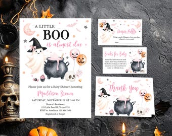Editable A Little Boo is Almost Due Baby Shower Invitation Bundle, Pink Spooky Ghost Baby Shower Invite, Girl Halloween Invite Set, 01149