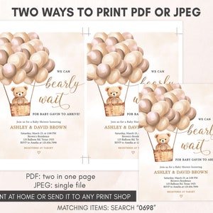 Editable Brown Bear Baby Shower Invitation, Hot Air Balloon Gender Neutral Baby Shower Invite, We Can Bearly Wait Baby Shower Invite, 0698 image 3