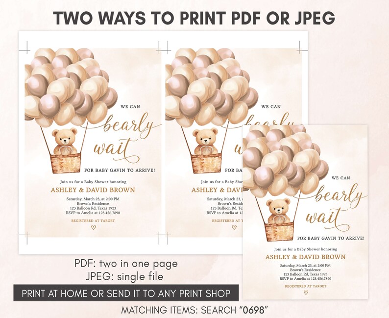 Editable Brown Bear Baby Shower Invitation, Hot Air Balloon Gender Neutral Baby Shower Invite, We Can Bearly Wait Baby Shower Invite, 0698 image 3