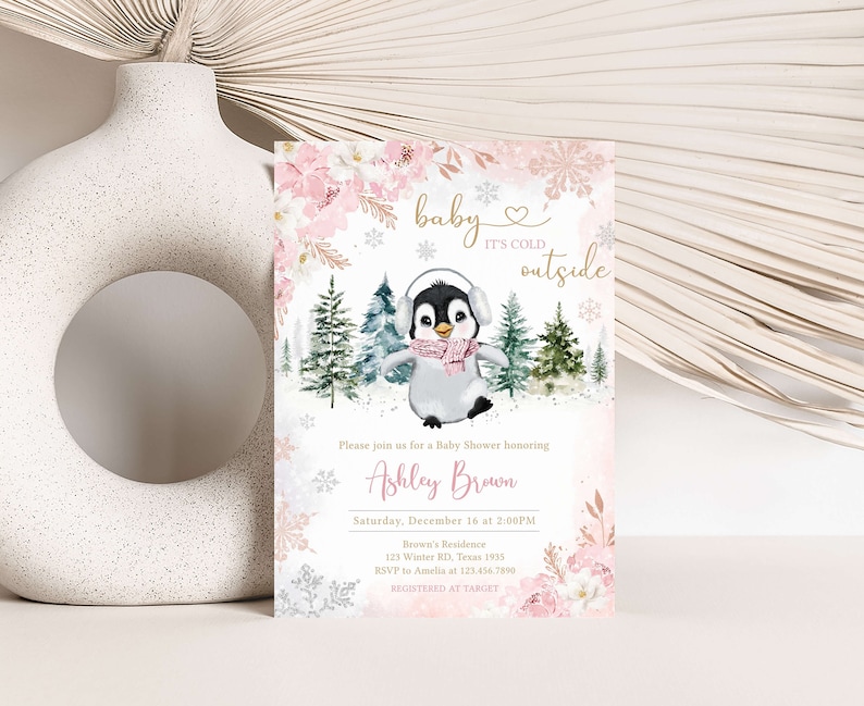 Editable Winter Penguin Baby Shower Invitation, Girl Penguin Baby Shower Invite, Pink Baby It's Cold Outside Baby Shower Invitation, 0557 image 1