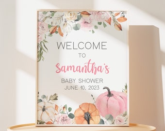 Puede incluir: Un letrero enmarcado para baby shower con el texto "WELCOME TO samantha's BABY SHOWER JUNE 10, 2023." El letrero presenta calabazas de acuarela y arreglos florales en tonos rosa, naranja y crema.