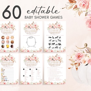 Editable Pink Floral Pumpkin Baby Shower Games Bundle, Girl Fall Baby Shower Game Pack, Floral Fall Autumn Baby Shower Games Template 0442