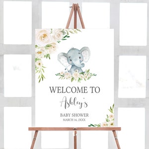 Editable Gender Neutral Elephant Baby Shower Welcome Sign, Floral Elephant Baby Shower Welcome Poster, Elephant Greenery Baby Shower, 0620 image 1