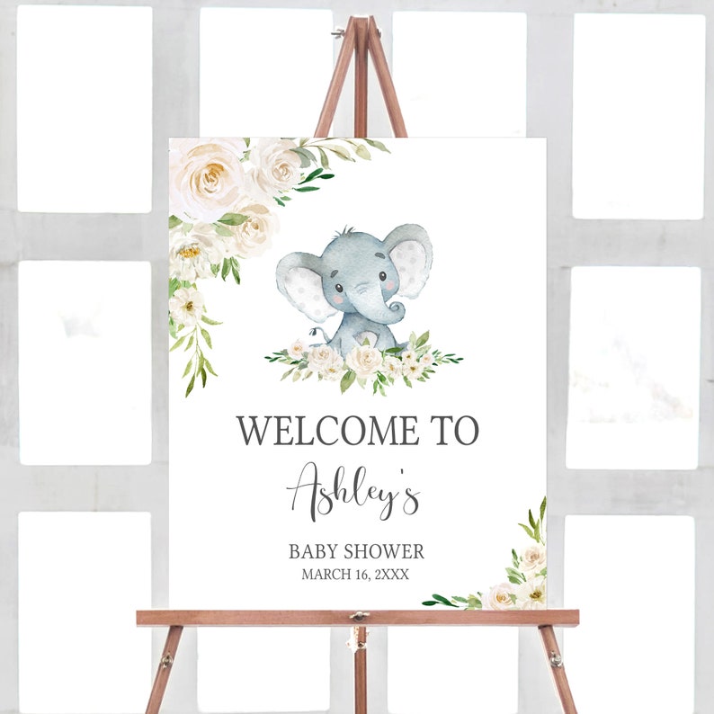 Editable Gender Neutral Elephant Baby Shower Welcome Sign, Floral Elephant Baby Shower Welcome Poster, Elephant Greenery Baby Shower, 0620 image 1