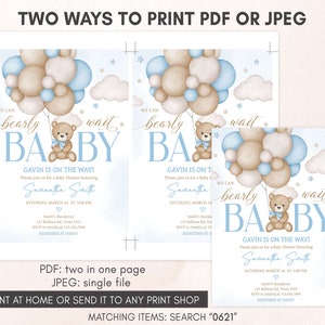 Editable Blue Boy Bear Balloon Baby Shower Invitation, We Can Bearly Wait Baby Shower Invite, Boho Brown Bear Baby Shower Invitation, 0621 image 3