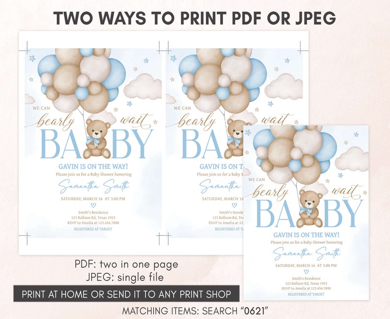 Editable Blue Boy Bear Balloon Baby Shower Invitation, We Can Bearly Wait Baby Shower Invite, Boho Brown Bear Baby Shower Invitation, 0621 image 3