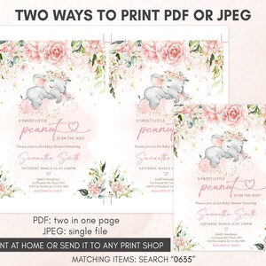 Edytowalne różowe zaproszenie na baby shower ze słoniem, różowe kwiatowe zaproszenie na baby shower ze słoniem, szablon zaproszenia na baby shower dla dziewczynki z różowymi kwiatami, 0635 zdjęcie 3