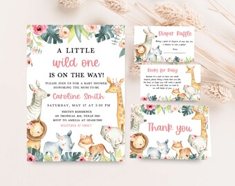 Bewerkbare meisjessafari babyshower uitnodigingsbundel, bloemen jungle babyshower uitnodigingsset, Wild One jungle safari dieren babyshower, 0331