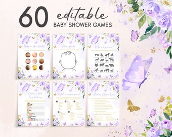 Pacote de jogos de chá de bebê de borboleta roxa editável, pacote de jogos de chá de bebê de menina de borboletas, jogos de chá de bebê roxo de borboleta floral, 0682