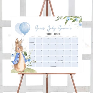 Calendario modificabile blu Peter Rabbit Baby Shower Data di scadenza, Bunny Boy Baby Shower Calendario, Coniglio Primavera Baby Shower Compleanno Previsione 0664