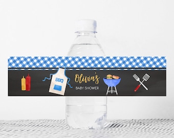 Editable Blue Baby-Q Baby Shower Bottle Label, BBQ Couples Backyard Baby Shower Water Labels, Bun in the Oven Gingham Bottle Stickers, 0842