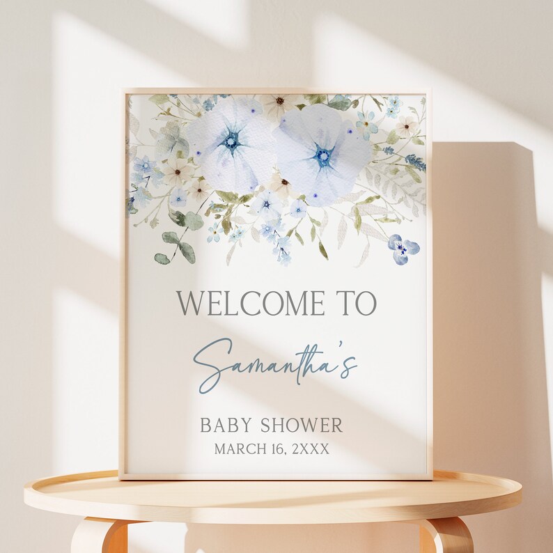 Editable Baby in Bloom Boy Baby Shower Welcome Sign, Dusty Blue Wildflower Baby Shower Welcome Poster, Boy Spring Flowers Baby Shower, 0684 image 1