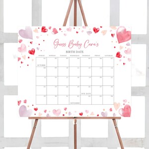 Bearbeitbar Ein kleiner Schatz-Babyparty-Fälligkeitsdatumskalender, rosa-rotes Herz-Valentinstag-Babypartykalender, Mädchen-Babypartykalender, 0587