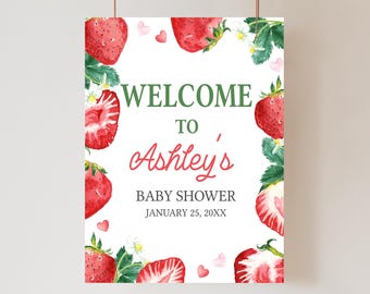 Editable Berry Sweet Baby Shower Welcome Sign, Strawberry Baby Shower Welcome Poster, Girl Berry Baby Shower, Blush Berry Sweet Sign, 01013