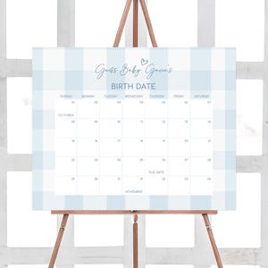 Bearbeitbarer blauer Gingham-Babyparty-Fälligkeitsdatumskalender, klassischer Gingham-Babypartykalender für Jungen, Oh-Baby-Blue-Baby-Geburtstagsvorhersagen, 01090
