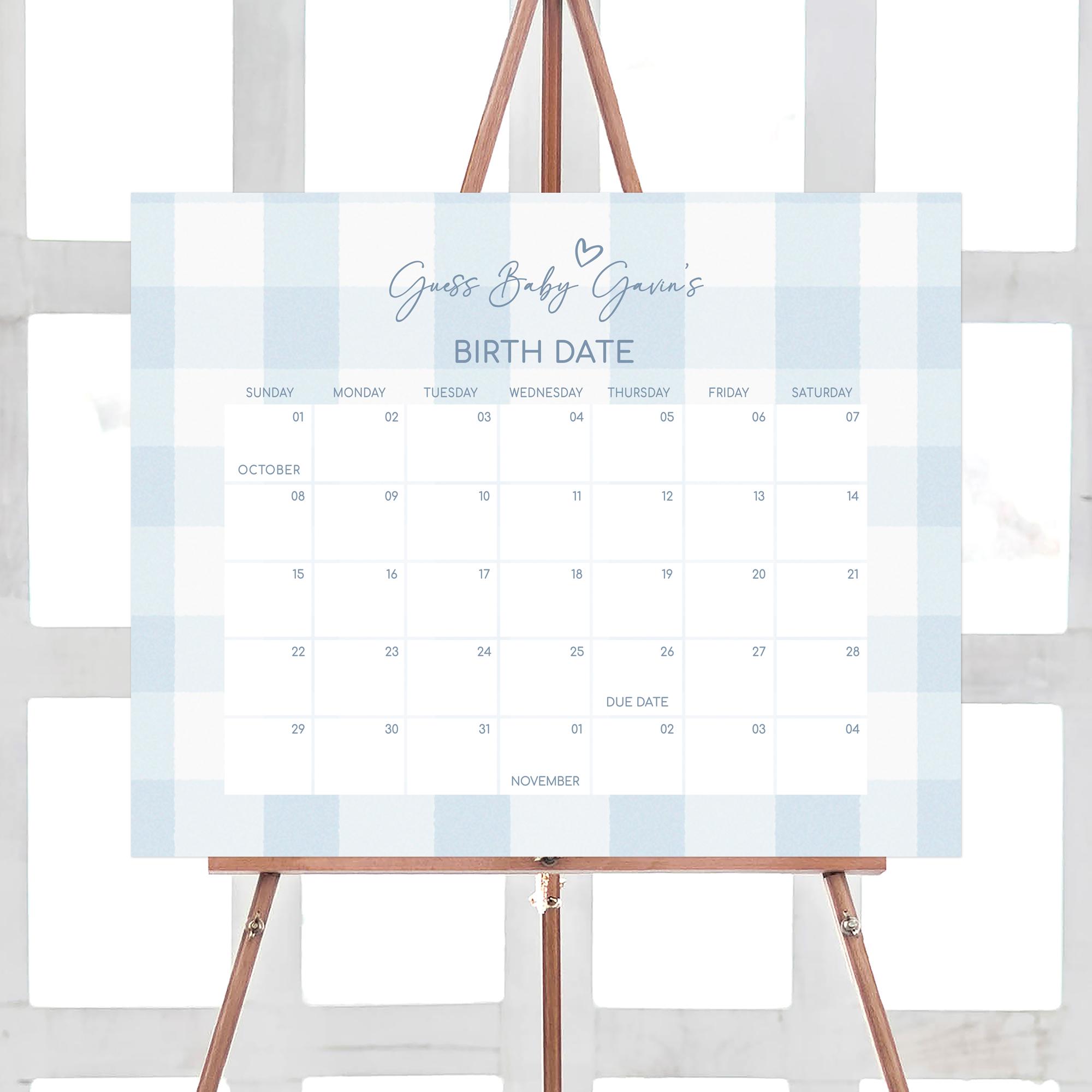 Editable Blue Gingham Baby Shower Due Date Calendar, Classic Gingham Boy Baby Shower Calendar, Oh Baby Blue Baby Birthday Predictions, 01090
