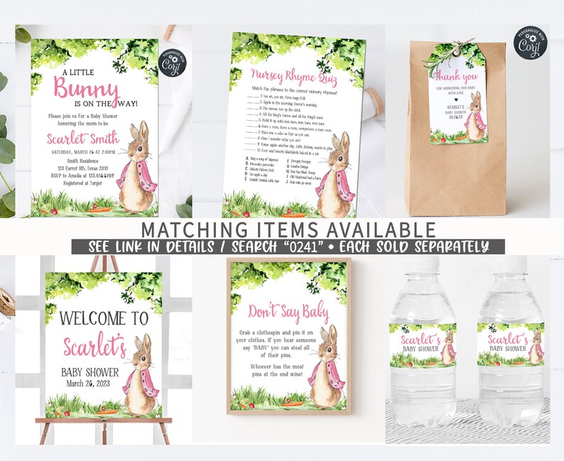 May include: A set of printable baby shower decorations featuring a watercolor illustration of a bunny wearing a pink shawl. The set includes a welcome sign, a game card, a thank you tag, and water bottle labels. The text on the welcome sign reads "Welcome to Scarlet's Baby Shower March 26, 2023". The text on the game card reads "Don't Say Baby". The text on the thank you tag reads "Thank you for celebrating with baby Scarlet". The text on the water bottle labels reads "Scarlet's Baby Shower".