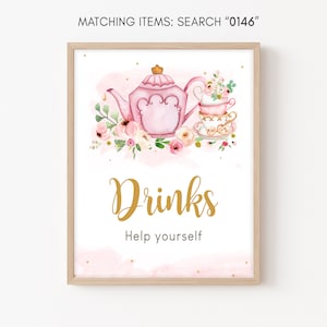 Tea Party Baby Shower Drinks Sign Blush Pink Gold Tea Party Floral Baby Shower Drinks Sign Baby is Brewing Girl Baby Shower Printable 0146