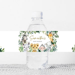 Editable A Little Wild One Baby Shower Bottle Label, Jungle Safari Baby Shower Water Labels, Greenery Safari Animals Bottle Stickers, 0601 image 1