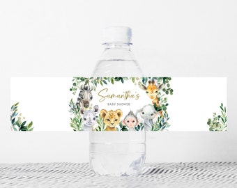 May include: Water bottle label with a green leafy border and a variety of jungle animals including a zebra, giraffe, lion, monkey, and elephant. The text on the label reads "Samantha's Baby Shower".