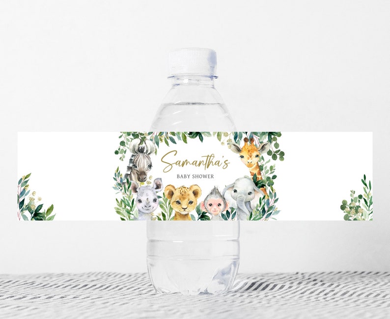 Editable A Little Wild One Baby Shower Bottle Label, Jungle Safari Baby Shower Water Labels, Greenery Safari Animals Bottle Stickers, 0601 image 1