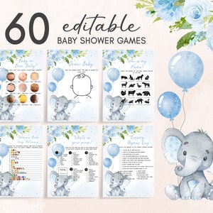 Paquete editable de juegos de baby shower de elefante, actividades de baby shower con globo azul, paquete de juegos de elefante bebé, plantilla imprimible Safari 0231