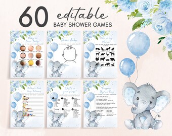 Editable Elephant Baby Shower Games Bundle, Blue Balloon Baby Shower Activities, Baby Boy Elephant Game Pack Safari Printable Template 0231