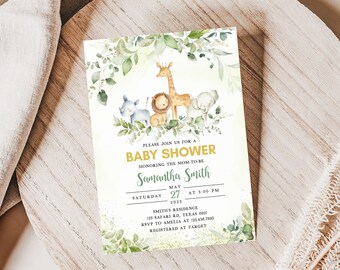May include: A baby shower invitation with a jungle theme. The invitation features a giraffe, lion, elephant, and rhinoceros with green foliage. The text on the invitation reads "Please join us for a baby shower honoring the mom-to-be Samantha Smith Saturday May 27 at 3:00 PM 2029 Smith's Residence 123 Safari Rd, Texas 0021 RSVP to Amelia at 123.456.7820 Registered at Target"