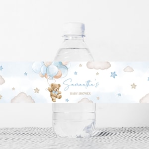 Étiquette modifiable pour biberon ballon baby shower garçon ours, étiquettes d'eau pour baby shower We Can Bearly Wait, Stickers bouteille d'eau ours bohème bleu, 0623