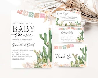 Editable Taco Bout A Baby Fiesta Baby Shower Invitation Bundle, Boho Mexican Baby Shower Invite Set, Girl Cactus Baby Shower Invitation 0757