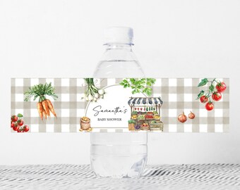 Edytowalna etykieta na butelkę Baby Shower na targu rolniczym, etykiety na wodę Baby Shower uprawianą lokalnie, naklejki na butelki z ekologicznymi owocami i warzywami, 0957