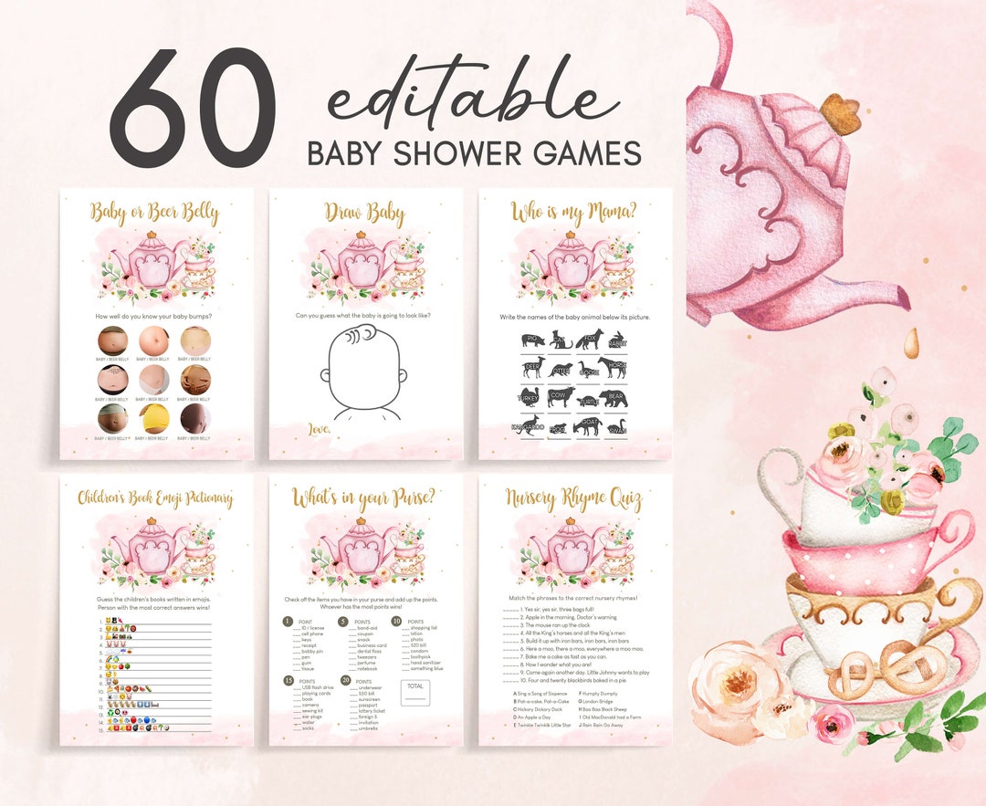 Tea Party Baby Shower Games Bundle, Blush Pink Gold Tea Party Floral ...