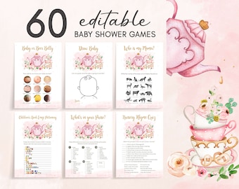 Paquete de juegos de baby shower de fiesta de té, paquete de juegos de baby shower floral de fiesta de té de oro rosa rubor El bebé se está preparando, baby shower de niña imprimible 0146