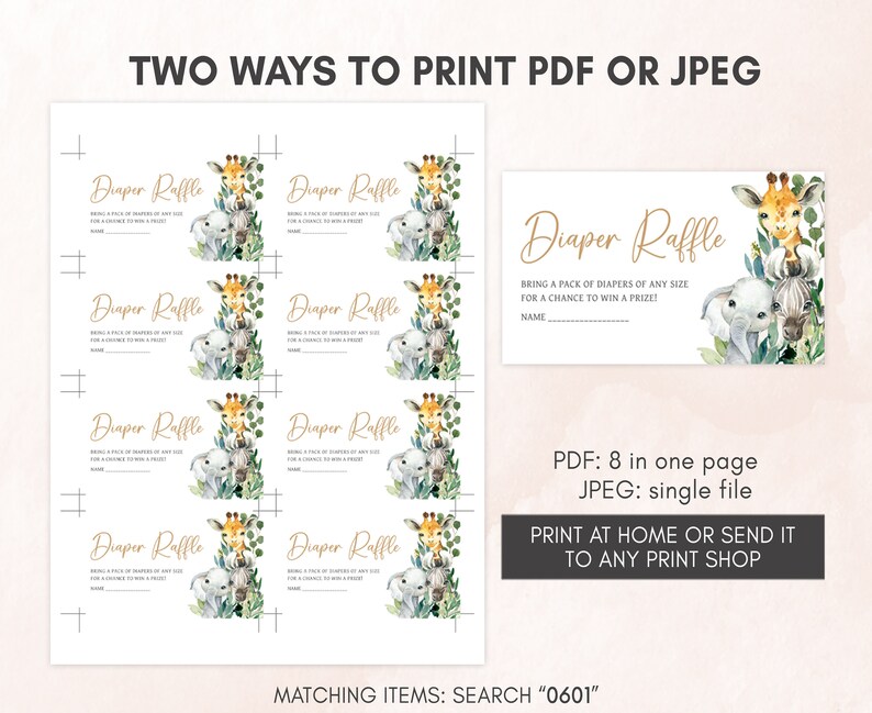 two ways to print a watercolor elephant and giraffe ticket