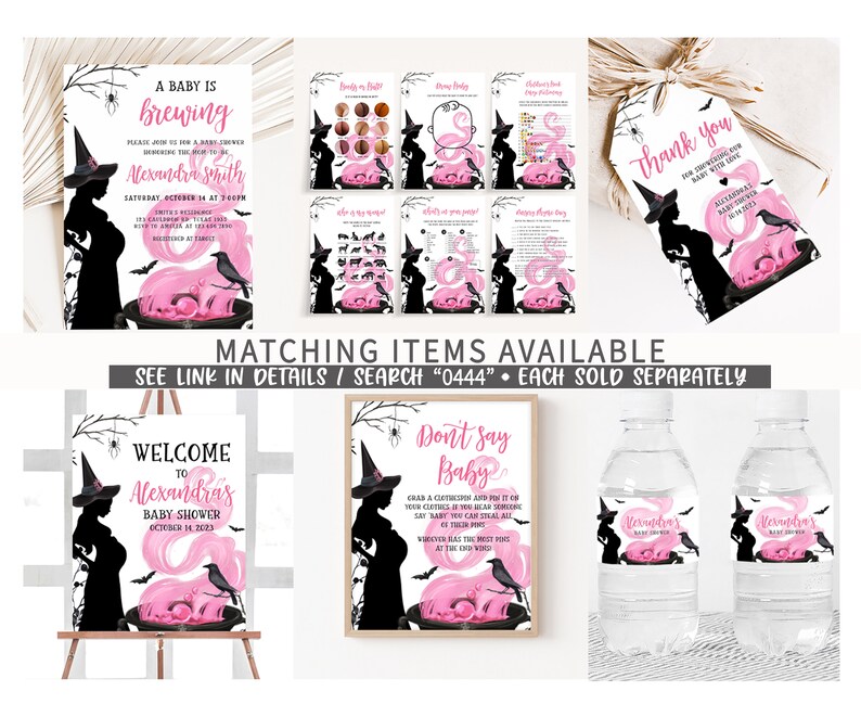Pu&ograve; includere: Una collezione di decorazioni per baby shower a tema Halloween. I disegni presentano una silhouette di strega, un calderone con pozione rosa e il testo "A Baby is Brewing". Include inviti, giochi, etichette ed etichette per bottiglie d'acqua.