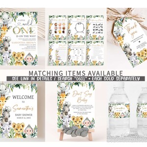 May include: A set of printable baby shower decorations with a jungle animal theme. The decorations include a welcome sign, a don't say baby sign, water bottle labels, and a thank you tag. The decorations feature a giraffe, zebra, lion, monkey, and other jungle animals in a watercolor style.