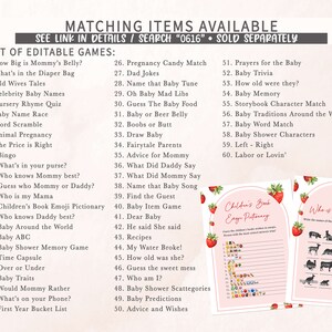 Puede incluir: Un conjunto de juegos de baby shower imprimibles con fondos rosa y blanco con fresas y un dise&ntilde;o floral. Los juegos incluyen "How Big is Mommy's Belly?", "What's in the Diaper Bag", "Old Wives Tales", "Celebrity Baby Names", "Nursery Rhyme Quiz", "Baby Name Race", "Word Scramble", "Animal Pregnancy", "The Price is Right", "Bingo", "What's in your purse?", "Who knows Mommy best?", "Guess who Mommy or Daddy?", "Who is my Mama", "Children's Book Emoji Pictionary", "Who knows Daddy best?", "Baby Around the World", "Baby ABC", "Baby Shower Memory Game", "Time Capsule", "Over or Under", "Baby Traits", "Would Mommy Rather", "What's on your Phone?", "First Year Bucket List", "Pregnancy Candy Match", "Dad Jokes", "Name that Baby Tune", "Oh Baby Mad Libs", "Guess The Baby Food", "Baby or Beer Belly", "Boobs or Butt", "Draw Baby", "Fairytale Parents", "Advice for Mommy", "What Did Daddy Say", "What Did Mommy Say", "Name that Baby Song", "Find the Guest", "Baby Item Game", "Dear Baby", "He said She said", "Recipes", "My Water Broke!", "How old was she?", "Guess the sweet mess", "Who am I?", "Baby Shower Scattegories", "Baby Predictions", "Advice and Wishes", "Prayers for the Baby", "Baby Trivia", "How old were they?", "Baby Memory", "Storybook Character Match", "Baby Traditions Around the World", "Baby Word Match", "Baby Shower Characters", "Left - Right", "Labor or Lovin'".