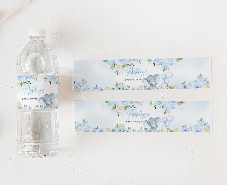 Edytowalna etykieta na butelkę z niebieskim słoniem na baby shower, etykiety na wodę na balon z chłopcem słoniem na baby shower, naklejki na butelkę z wodą z niebieskim balonem dla chłopca, 0617 zdjęcie 3