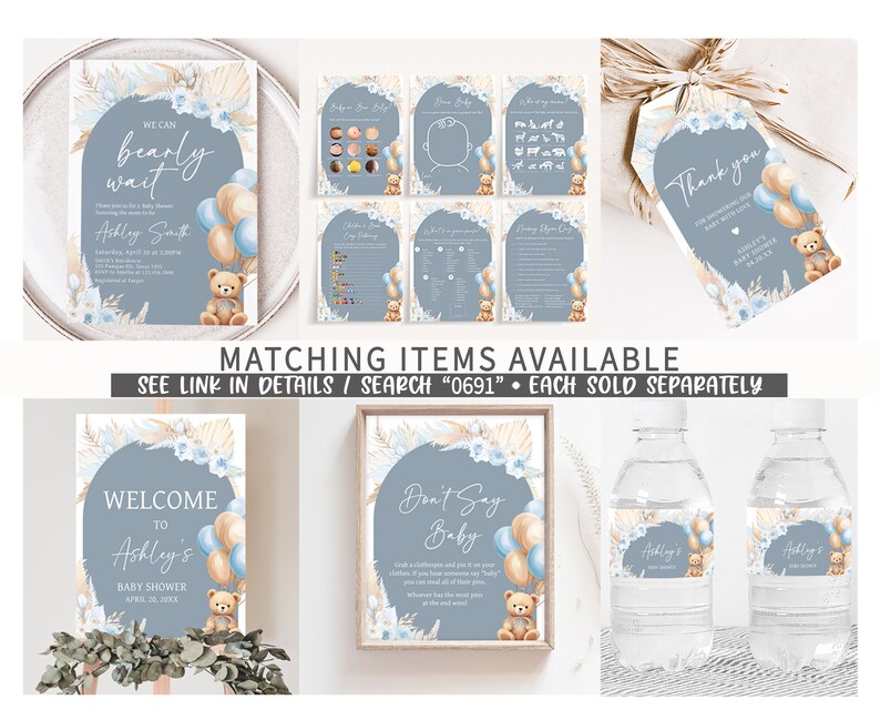 Editable Boy Bear Boho Baby Shower Bottle Label, Blue Balloon Bear Baby Shower Water Labels, We Can Bearly Wait Water Bottle Stickers, 0691 image 2