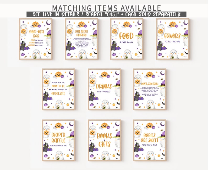 May include: A collection of framed Halloween-themed signs with a ghost, pumpkin, and bat motif. The signs include phrases like "Mom-osa Bar," "Late Night Diapers," and "Food." The signs are decorated with purple, orange, and black accents.
