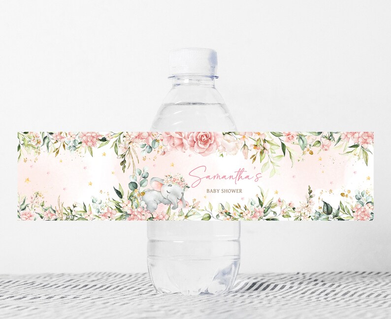 Editable Pink Elephant Baby Shower Bottle Label, Pink Floral Elephant Baby Shower Water Label, Pink Flowers Girl Water Bottle Stickers, 0635 image 1