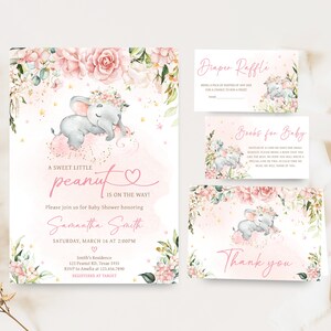 Editable Pink Elephant Baby Shower Invitation Bunle, Pink Floral Elephant Baby Shower Invite Set, Pink Flowers Girl Baby Shower Invite, 0635 image 1
