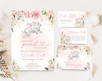 Redigerbar inbjudningsbunt för babyshower med rosa elefant, set med inbjudningar till babyshower med rosa blommor och elefant, inbjudan till babyshower med rosa blommor och flickor, 0635