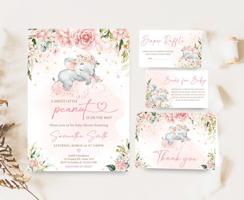 Editable Pink Elephant Baby Shower Invitation Bunle, Pink Floral Elephant Baby Shower Invite Set, Pink Flowers Girl Baby Shower Invite, 0635 image 1