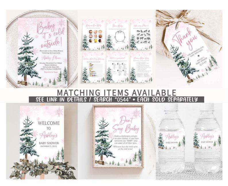 Puede incluir: Un conjunto de papeler&iacute;a para baby shower con tem&aacute;tica invernal. Incluye invitaciones, juegos, un letrero de bienvenida, etiquetas para botellas de agua y etiquetas de agradecimiento. Los dise&ntilde;os presentan pinos de acuarela, copos de nieve y acentos rosas. El texto incluye "Baby it's cold outside!" y "Welcome to Ashley's".