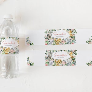 Editable A Little Wild One Jungle Baby Shower Bottle Label, Girl Jungle Baby Shower Water Label, Greenery Floral Safari Bottle Stickers 0602 image 3