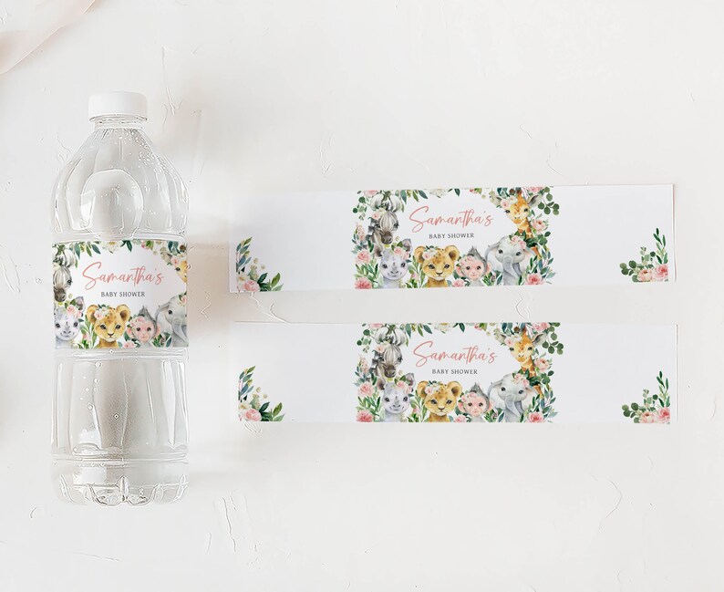Editable A Little Wild One Jungle Baby Shower Bottle Label, Girl Jungle Baby Shower Water Label, Greenery Floral Safari Bottle Stickers 0602 image 3