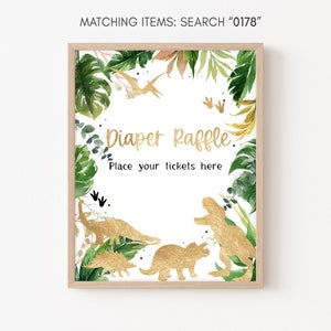 Diaper Raffle Dinosaur Baby Shower Sign Gold Dino Baby Shower Game Sign Greenery Dino Baby Shower Decorations Boy Dinosaur Template  0178